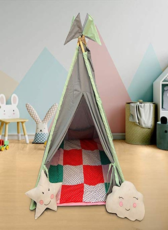 CREATIVE TEXTILES Tent House for Kids Teepee Play Tent for Kids, Portable Teepee Flag House for Boys & Girls, Play House for Indoor & Outdoor with Baby Pillow and Cushions-Grey - Image 1